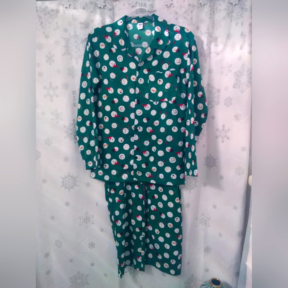 NWT - OLD NAVY GREEN SNOWMAN 2 PIECE PAJAMA SET